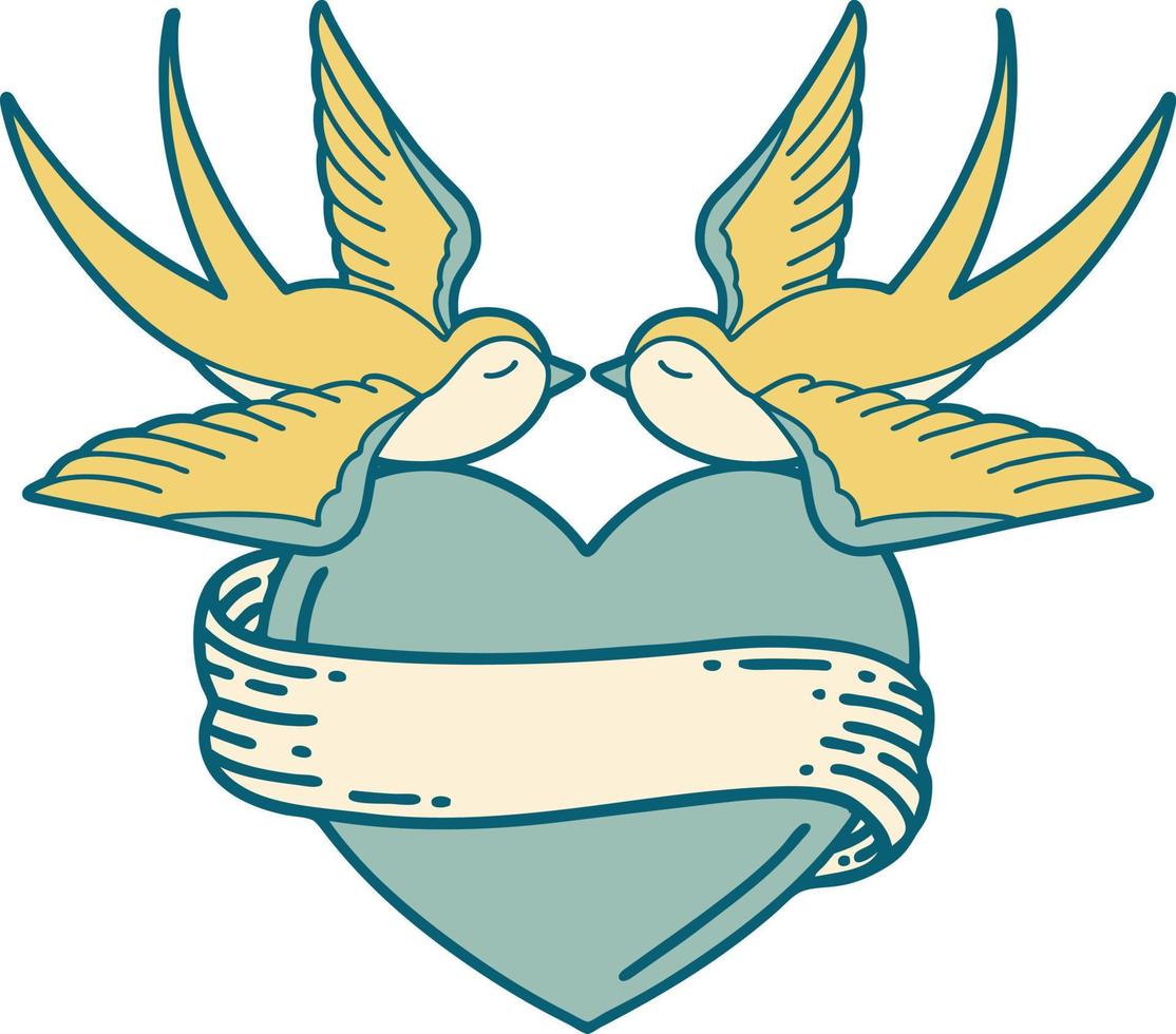 image emblématique de style tatouage d'hirondelles et d'un coeur avec bannière vecteur
