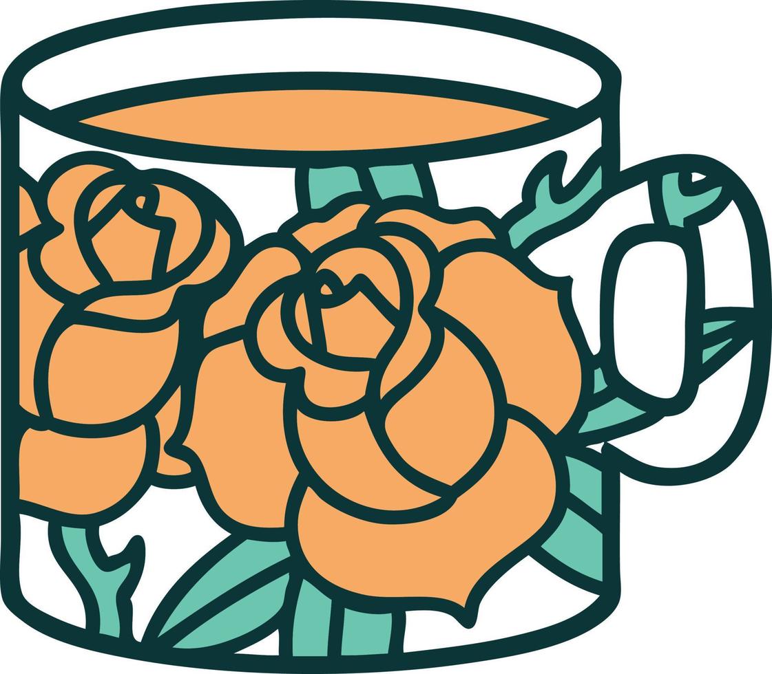 image emblématique de style tatouage d'une tasse et de fleurs vecteur