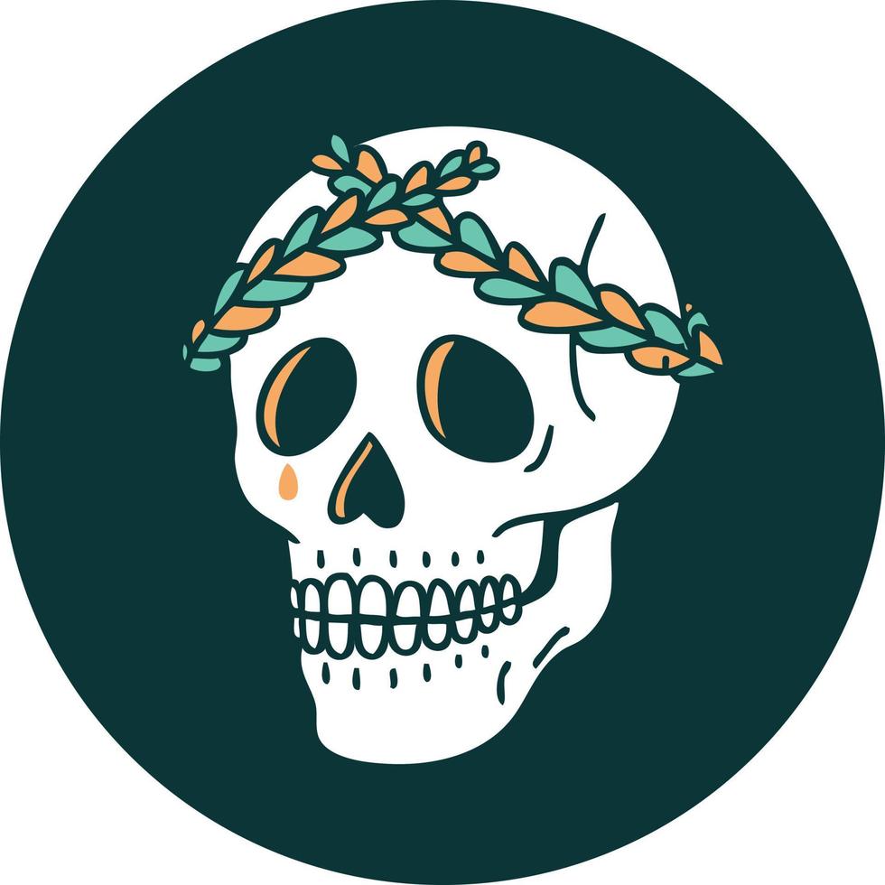 image emblématique de style tatouage d'un crâne avec une couronne de laurier vecteur