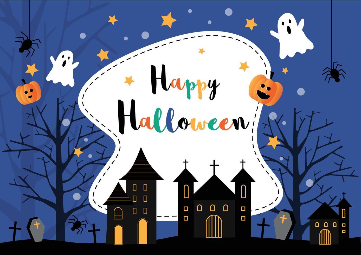 carte d'affiche de fête d'halloween heureux avec château de maison fantôme, citrouilles, fantôme, araignée et tombeau sur fond de nuit avec étoile et silhouette arbres morts illustration vectorielle vecteur
