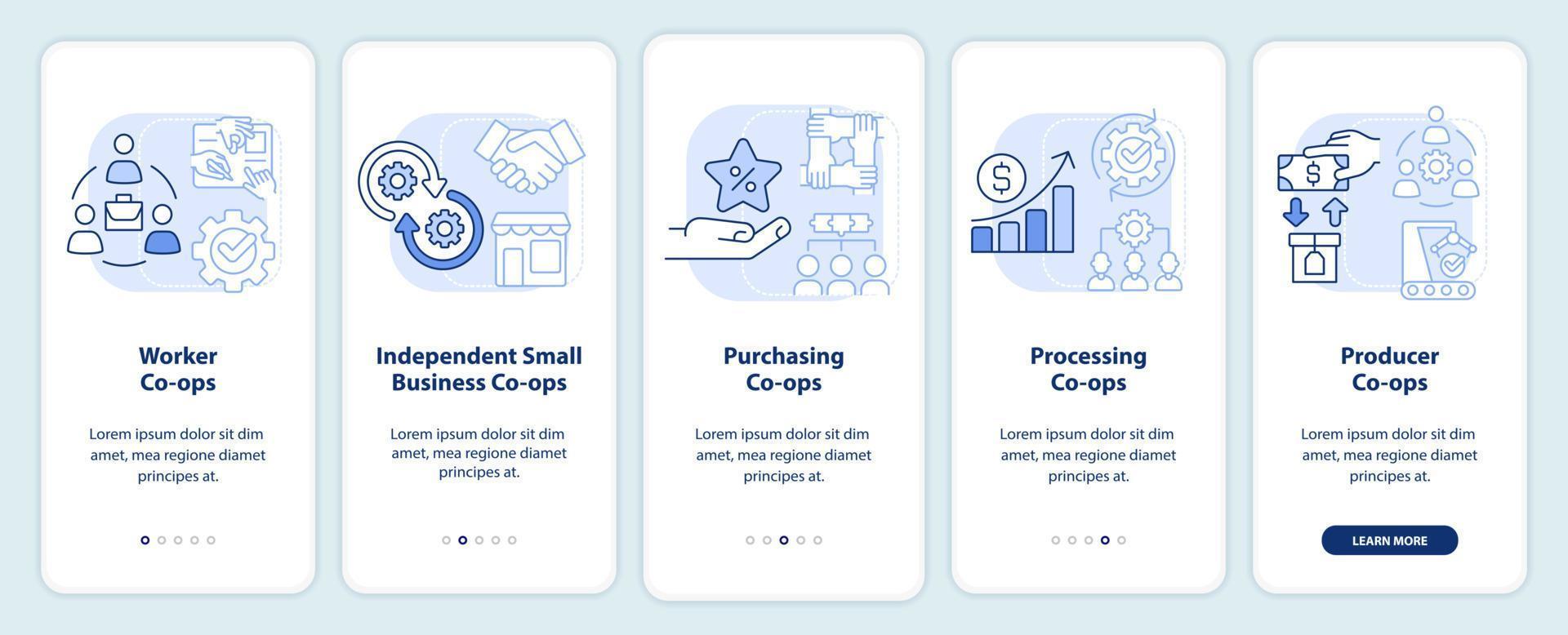 types de coopératives écran d'application mobile d'intégration bleu clair. Procédure commerciale en 5 étapes pages d'instructions graphiques avec des concepts linéaires. ui, ux, modèle d'interface graphique. vecteur