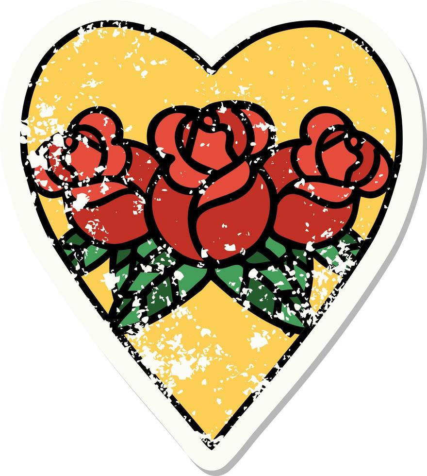 tatouage d'autocollant en détresse dans le style traditionnel d'un coeur et de fleurs vecteur