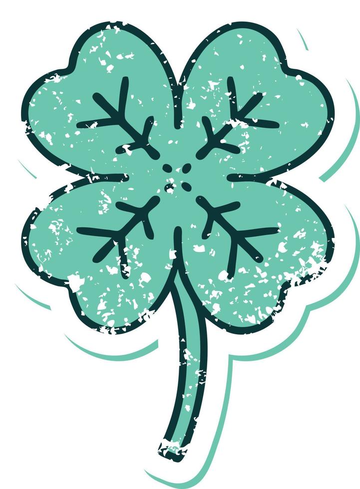 image emblématique de style tatouage d'autocollant en détresse d'un trèfle à 4 feuilles vecteur