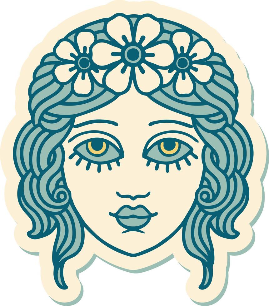 autocollant de style tatouage de visage féminin avec couronne de fleurs vecteur