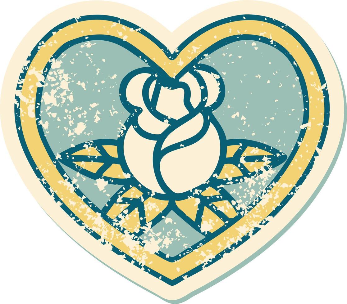 icône de style tatouage autocollant en détresse d'un coeur et de fleurs vecteur