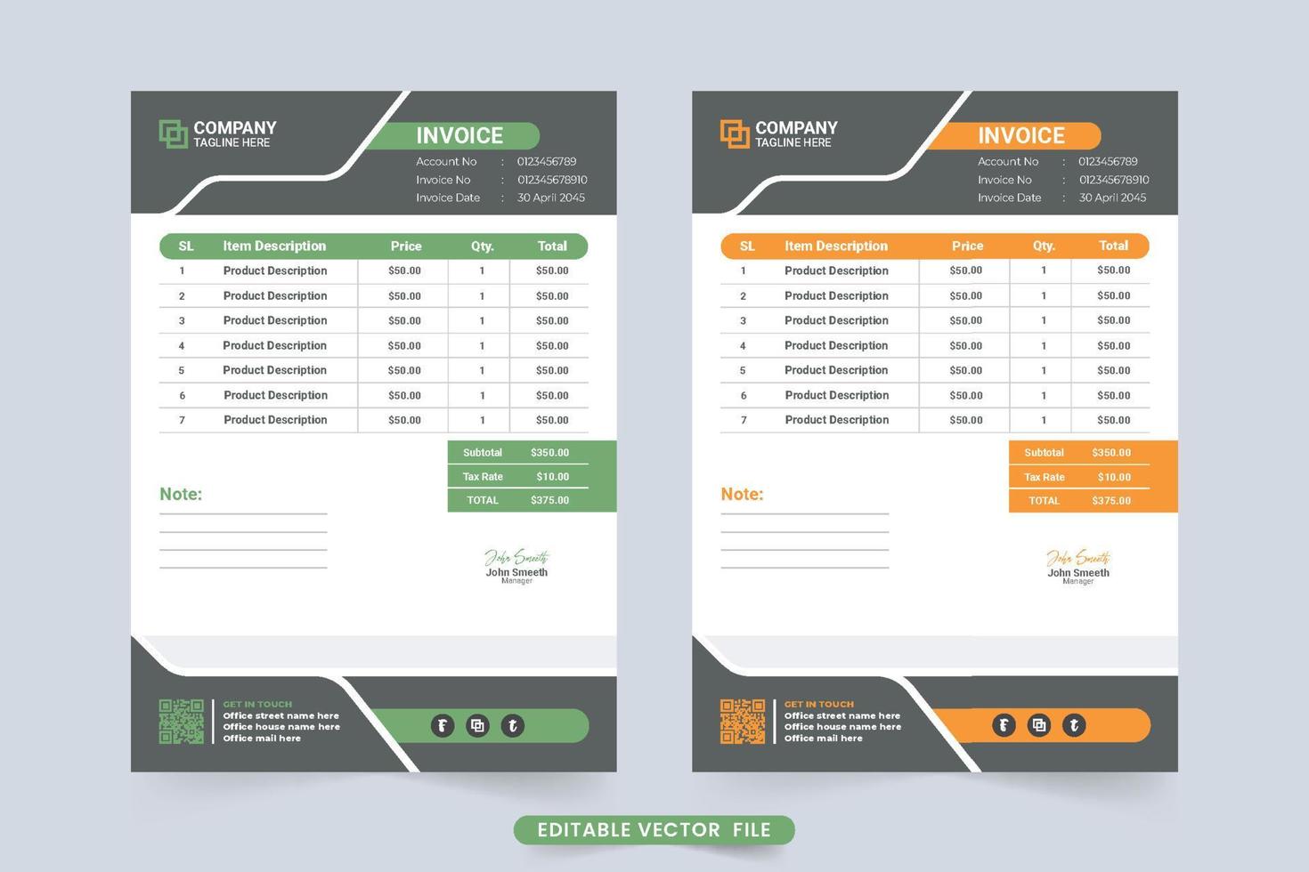 facture créative et reçu d'achat de produit avec section de prix. conception de modèle de facture d'entreprise simple avec des couleurs vertes et orange. le bon d'entreprise prêt à imprimer et le vecteur de reçu de caisse.