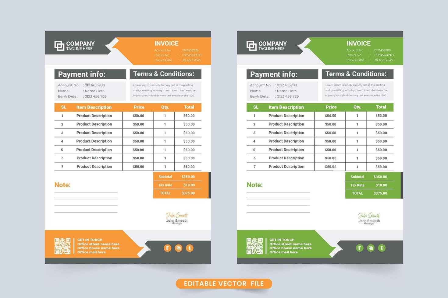 accord de paiement et vecteur de modèle de facture de facture aux couleurs vert et orange. facture commerciale et conception de bon d'achat de produit avec des formes abstraites. décoration de ticket de caisse professionnelle.