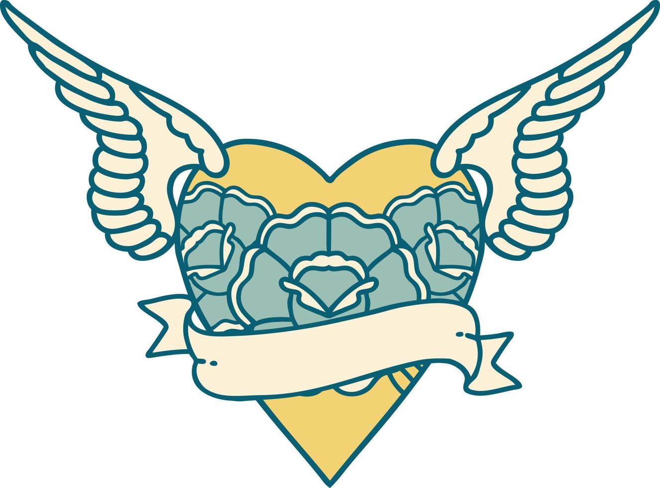icône de style tatouage d'un coeur avec des fleurs d'ailes et une bannière vecteur