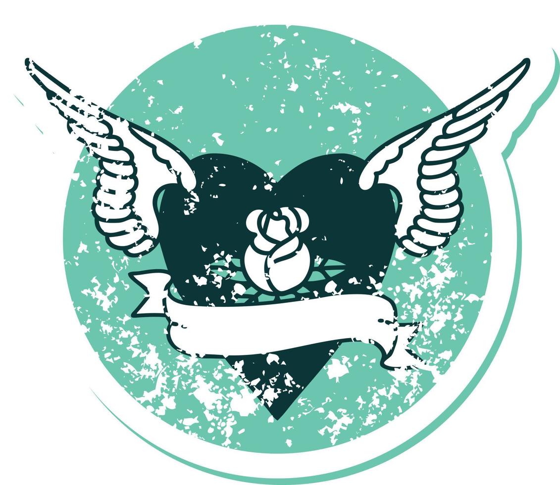 icône de style tatouage autocollant en détresse d'un coeur avec des ailes une rose et une bannière vecteur