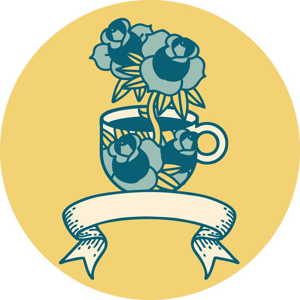 icône avec bannière d'une tasse et de fleurs vecteur