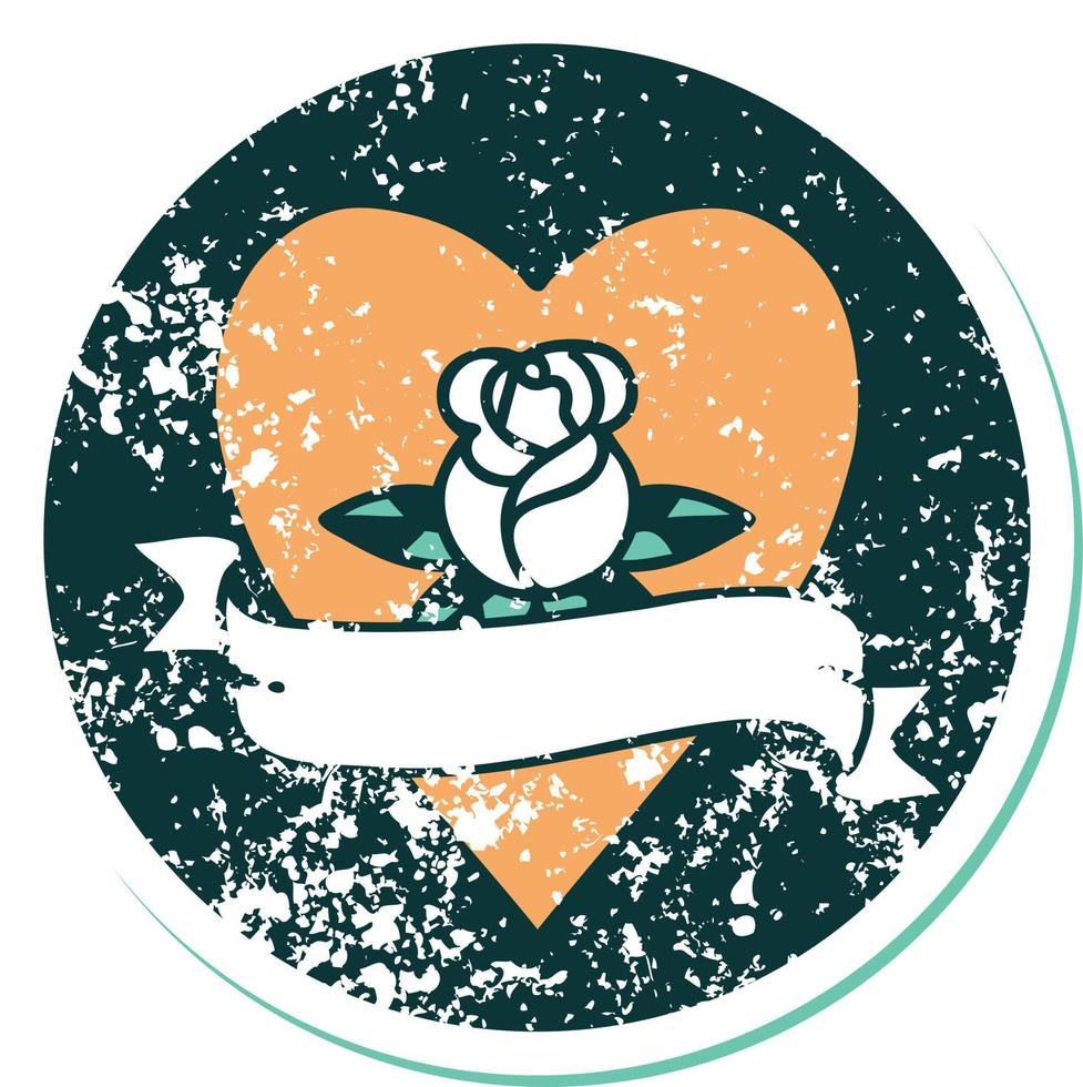 icône de style tatouage autocollant en détresse d'une rose de coeur et d'une bannière vecteur