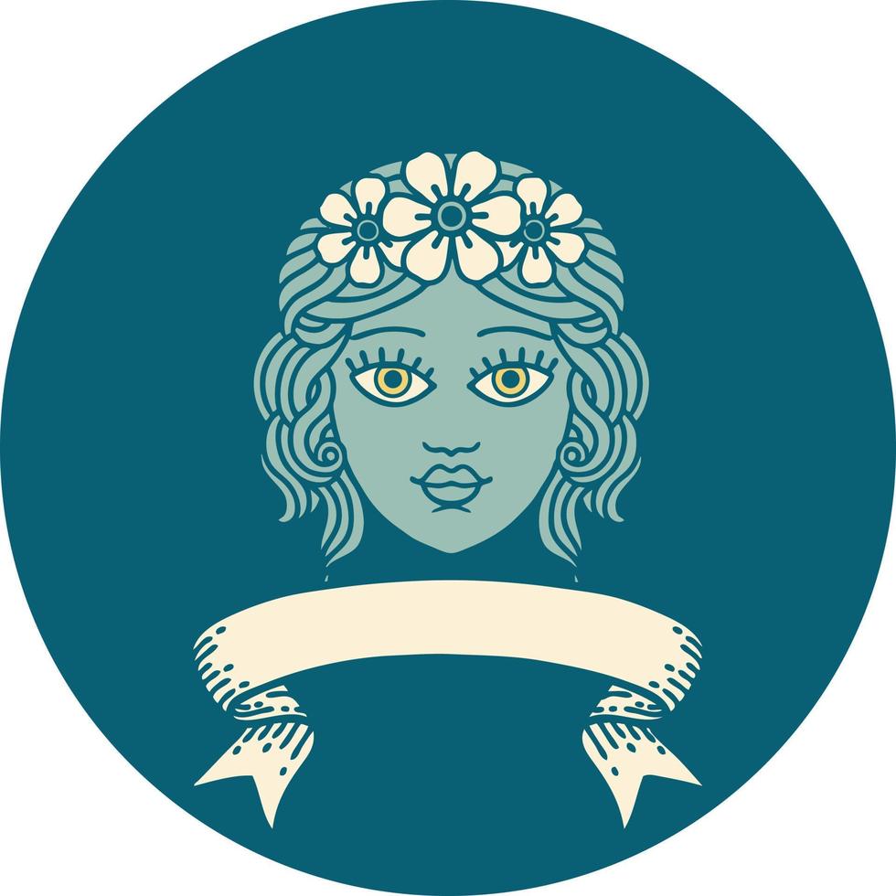 icône avec la bannière d'une jeune fille avec une couronne de fleurs vecteur