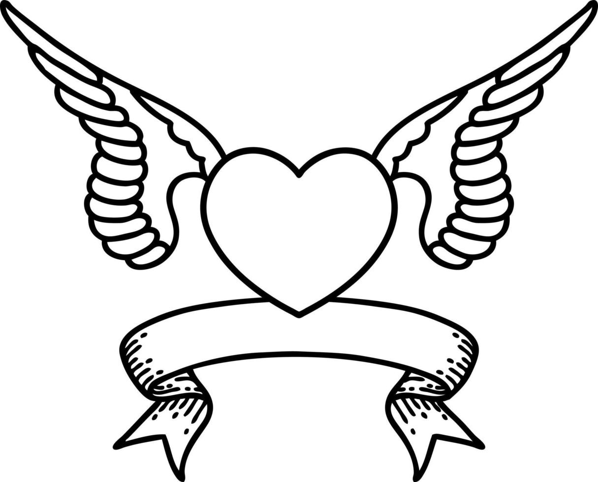 tatouage au trait noir traditionnel avec bannière d'un coeur avec des ailes vecteur
