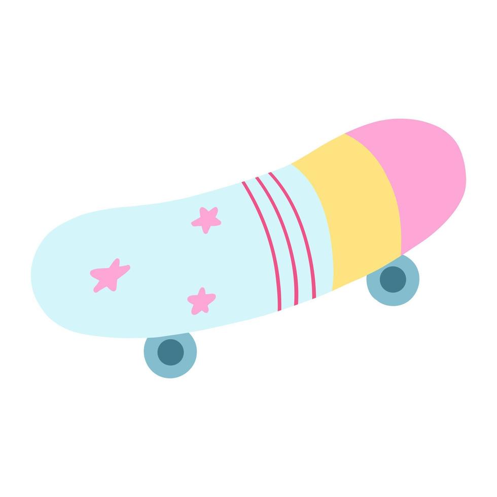 skateboard rétro, skate autocollant girly aux couleurs rose et bleu. illustration de vecteur de dessin animé de planche de sport extrême dans un style plat