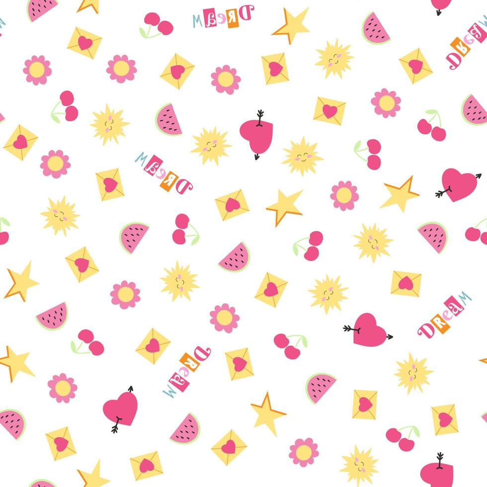 modèle sans couture avec coeur, lettre d'amour, cerise, soleil, pastèque, fleur dans le style des années 1990. fond rétro de vecteur avec des autocollants girly pop dans des couleurs roses et jaunes