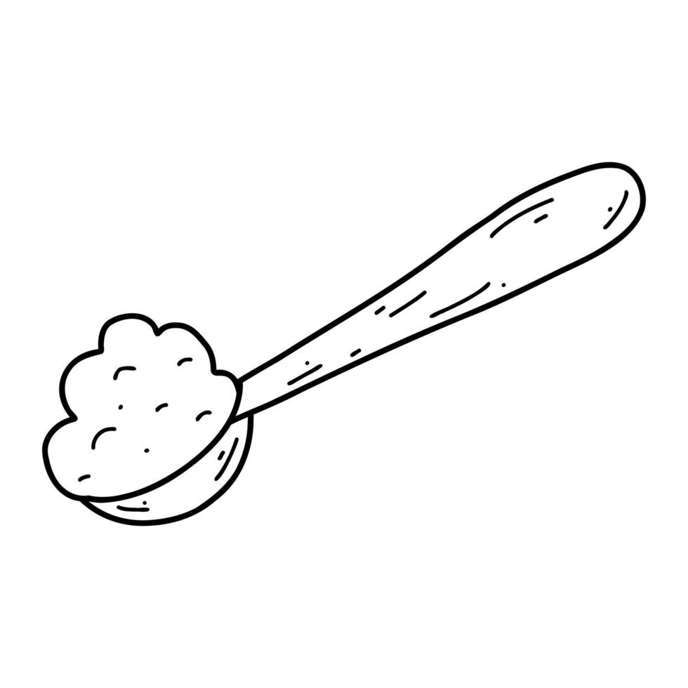 doodle cuillère en bois avec de la farine. croquis illustration vectorielle de céréales, sucre, poudre, flocons de noix de coco vecteur