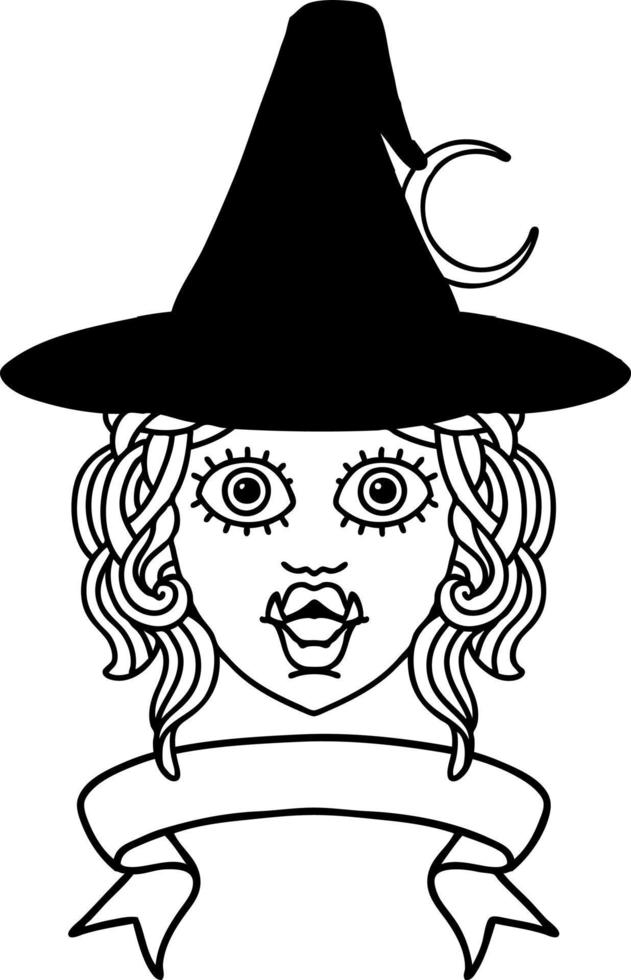 visage de personnage de sorcière demi-orc de style dessin au trait tatouage noir et blanc avec bannière vecteur