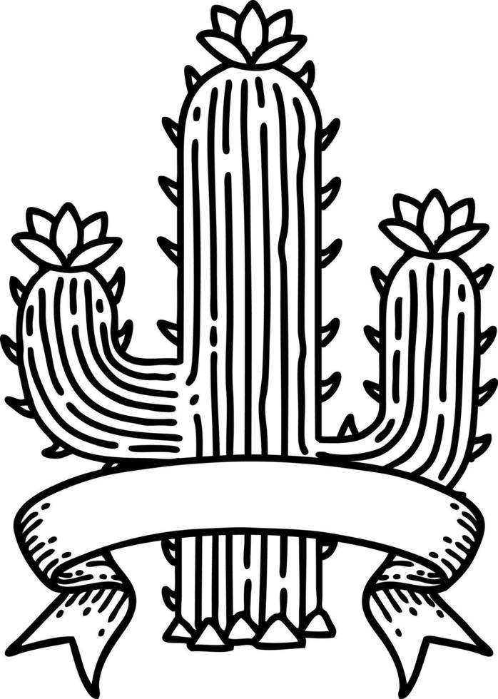 Tatouage au trait noir traditionnel avec bannière d'un cactus vecteur