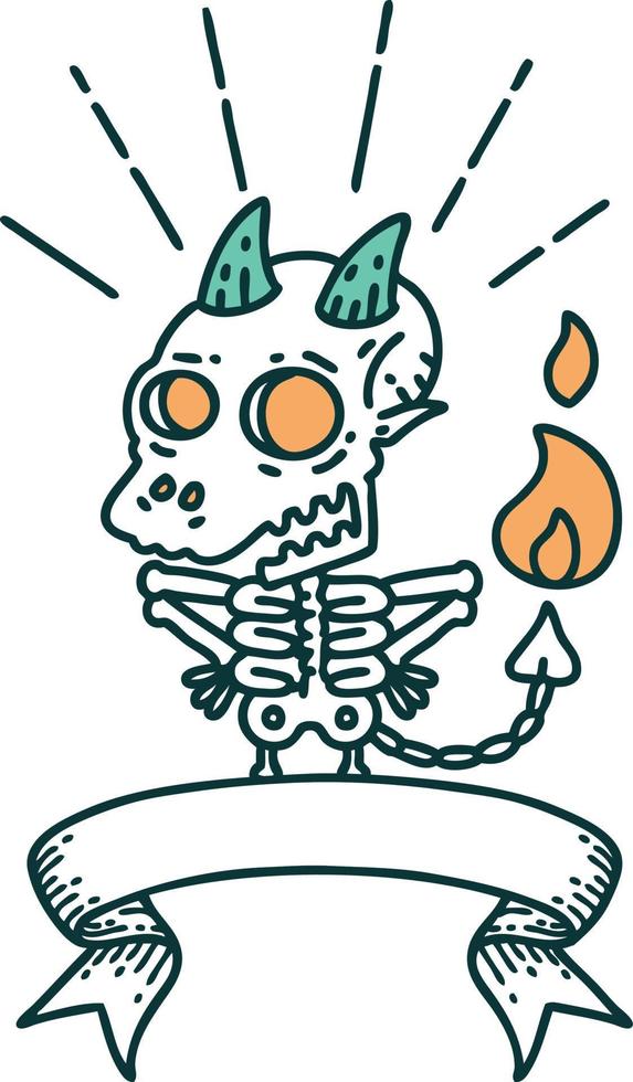 bannière de défilement avec personnage de démon squelette de style tatouage vecteur
