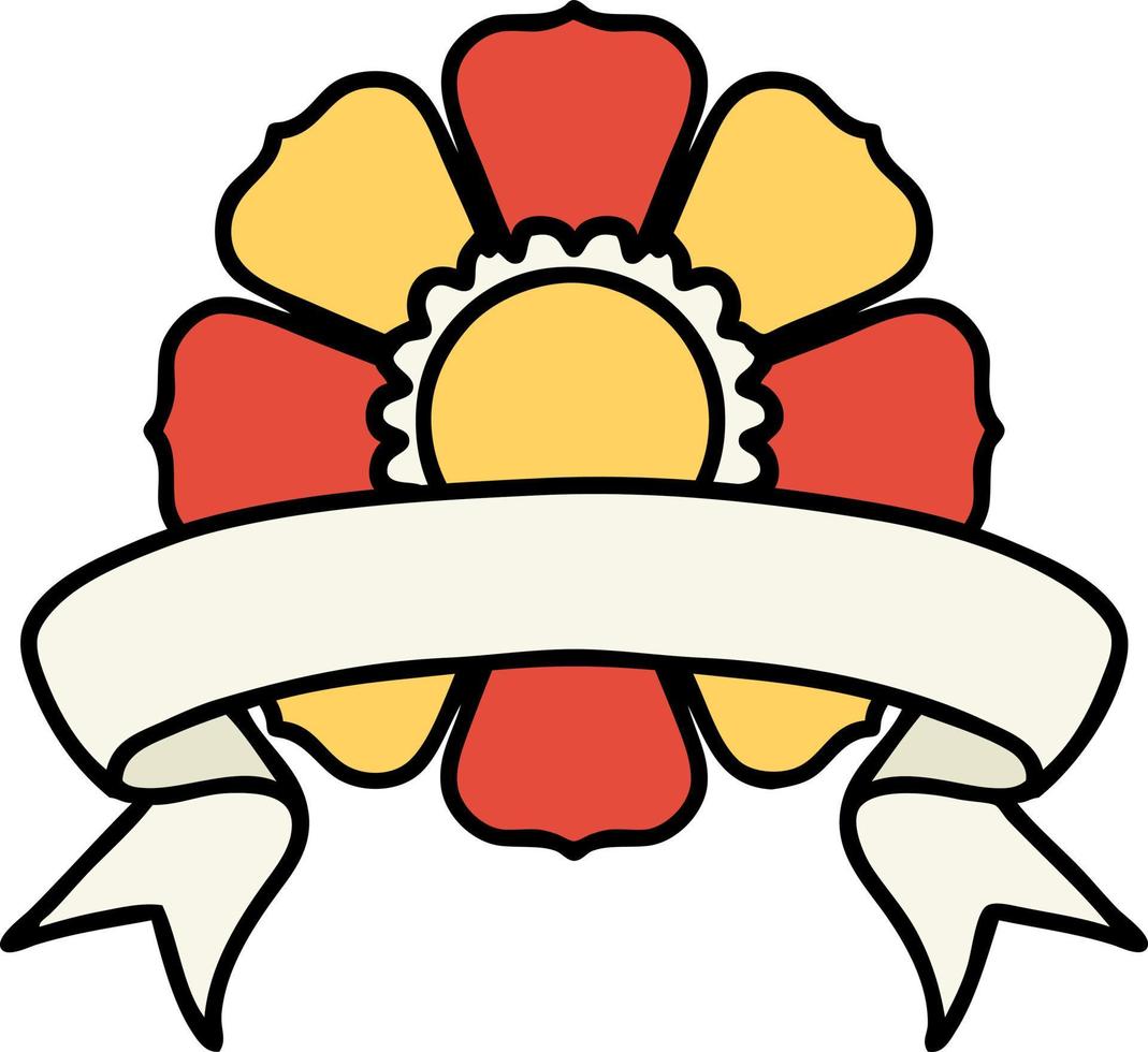 tatouage traditionnel avec bannière d'une fleur vecteur