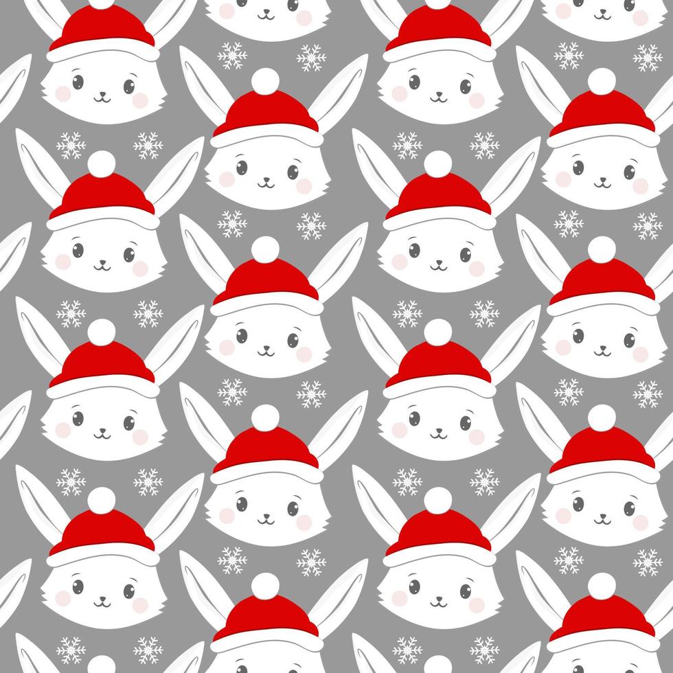 modèle sans couture avec des dessins animés de lapin avec un chapeau rouge. bonnet de noel, flocons de neige et illustration vectorielle de fond de lapin. vecteur