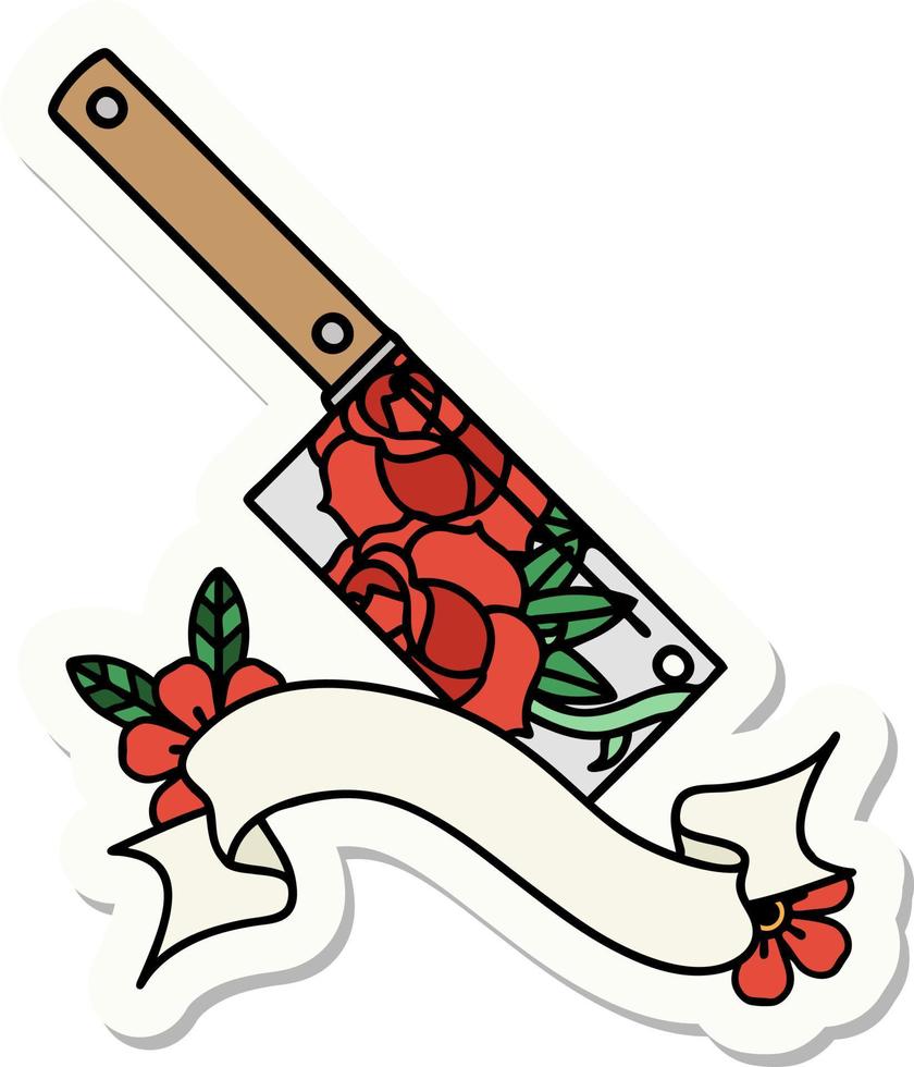 autocollant de style tatouage avec bannière d'un couperet et de fleurs vecteur