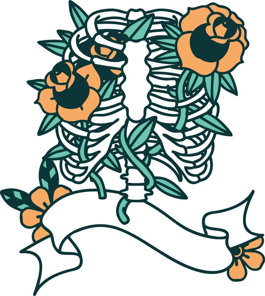 tatouage traditionnel avec bannière d'une cage thoracique et de fleurs vecteur