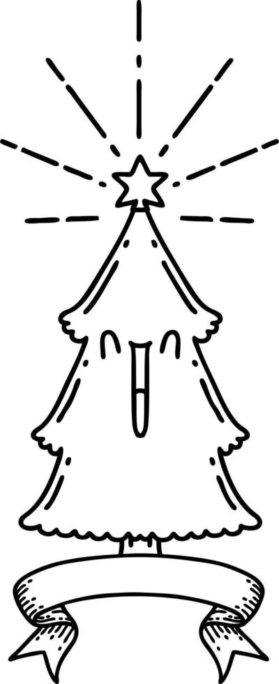 bannière de défilement avec arbre de noël de style tatouage de travail de ligne noire avec étoile vecteur