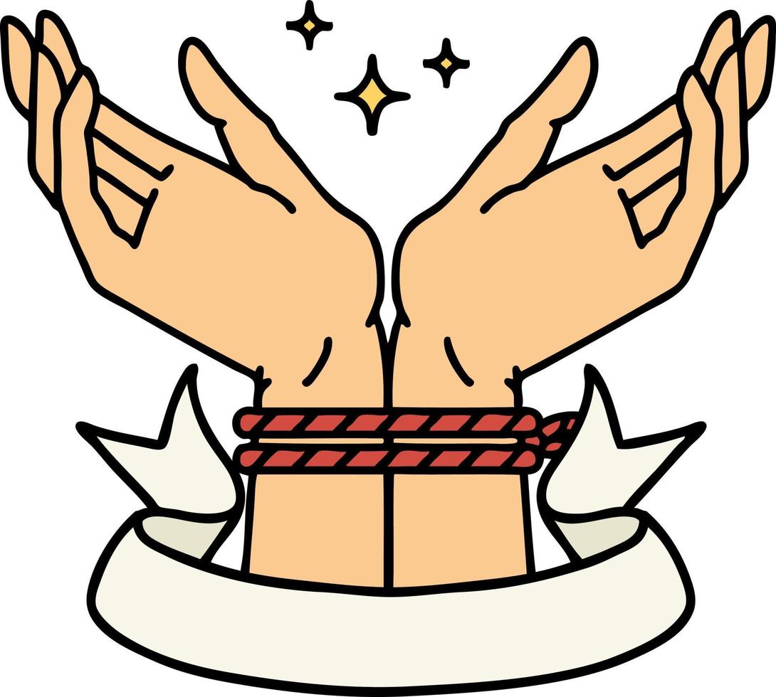 tatouage traditionnel avec bannière d'une paire de mains liées vecteur