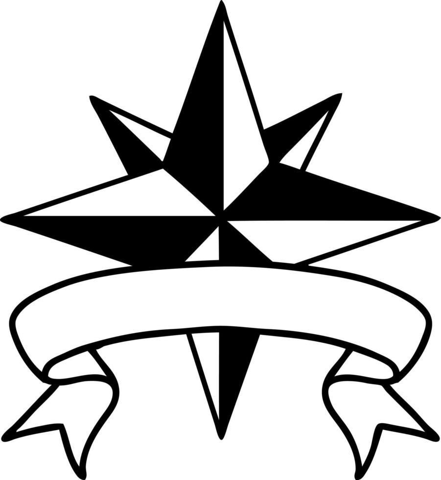 Tatouage au trait noir traditionnel avec la bannière d'une étoile vecteur