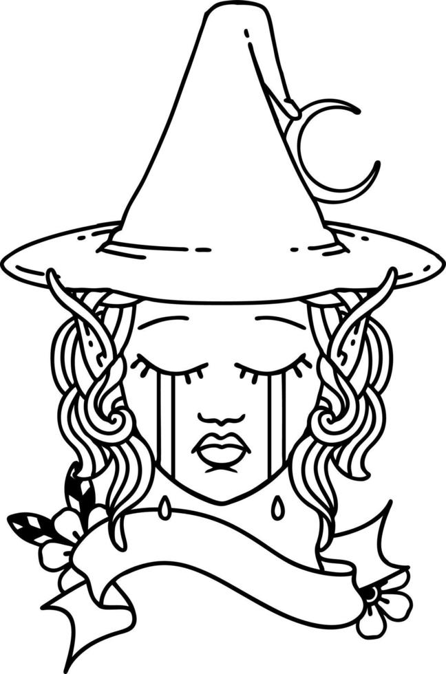 visage de personnage de mage d'elfe triste de style de dessin au trait de tatouage noir et blanc vecteur