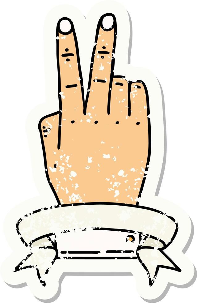 style de tatouage rétro victoire v geste de la main avec bannière vecteur