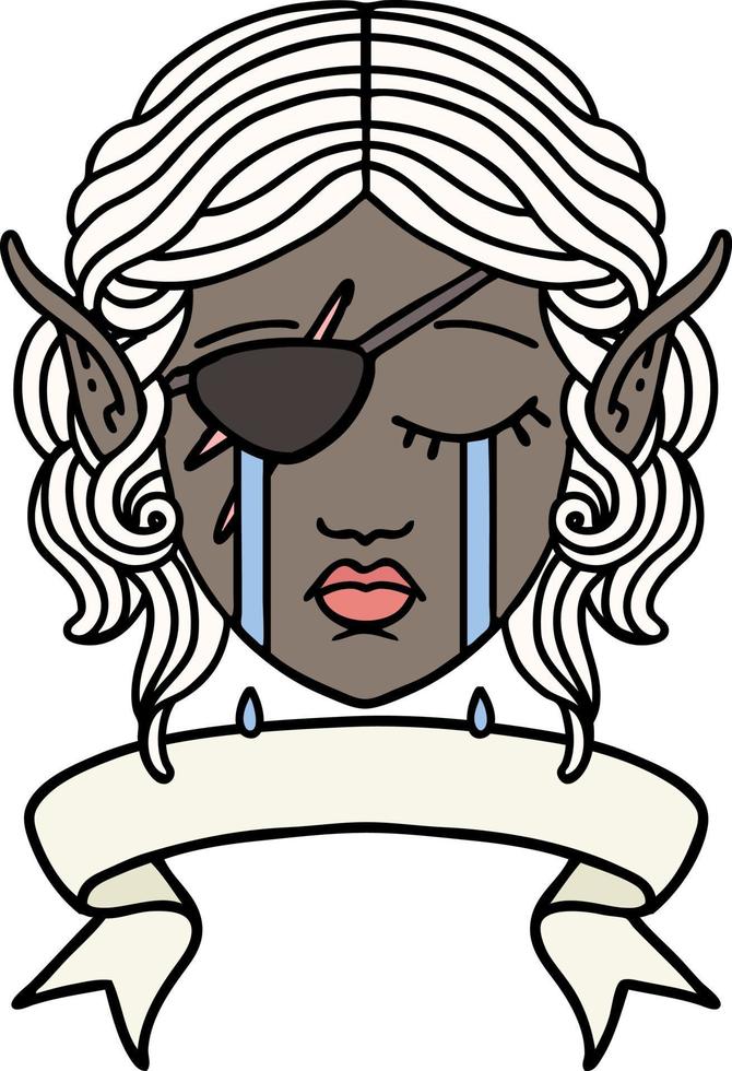 visage de personnage voyou elfe pleurant de style tatouage rétro avec bannière vecteur