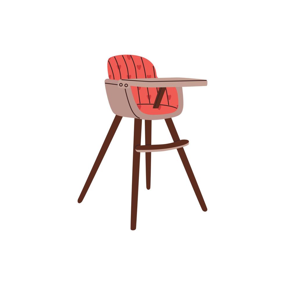 chaise bébé haute rouge pour manger à la maison avec motif. élever un enfant. siège d'alimentation pour bébé avec empreinte de cœur. chaise enfant moderne en bois sur pieds hauts. vecteur