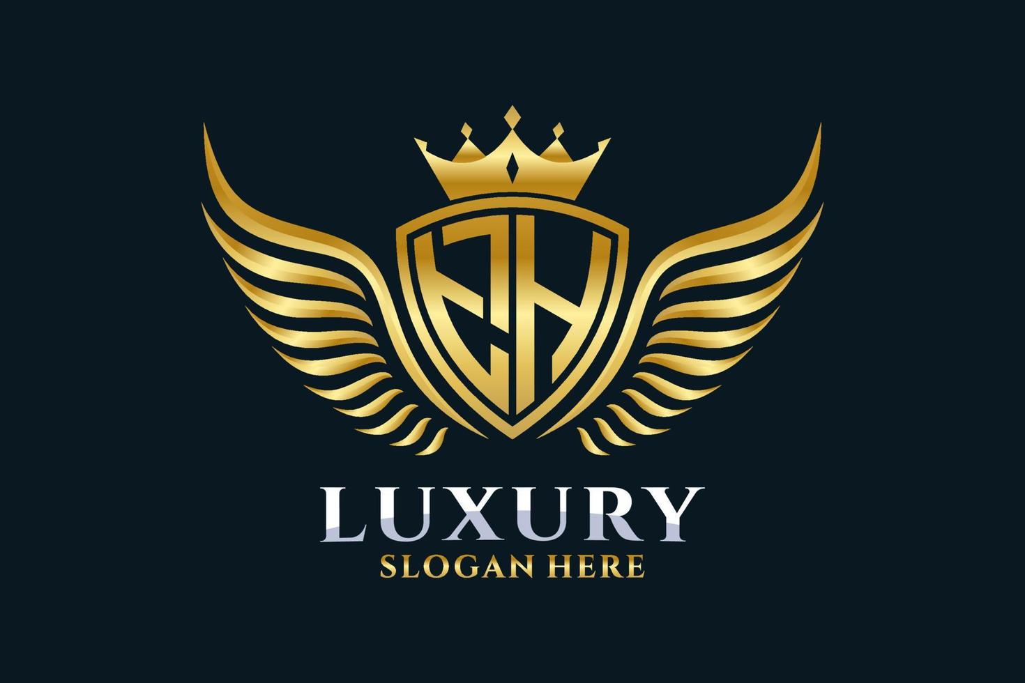 lettre d'aile royale de luxe e crête logo couleur or vecteur, logo de victoire, logo de crête, logo d'aile, modèle de logo vectoriel. vecteur