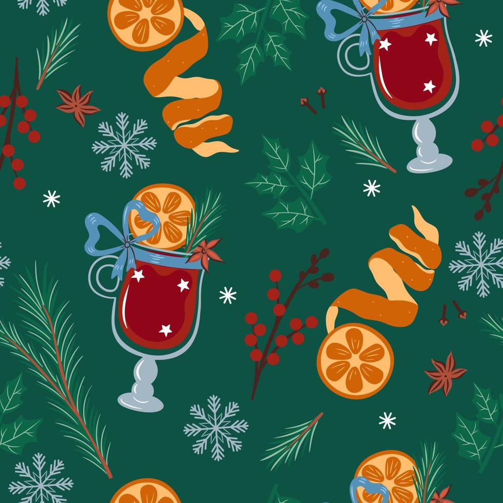 modèle sans couture avec vin chaud, oranges, branches d'épinette et baies. graphiques vectoriels. vecteur