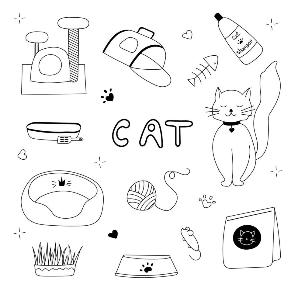 ensemble d'illustration vectorielle dessinés à la main d'accessoires pour chat vecteur