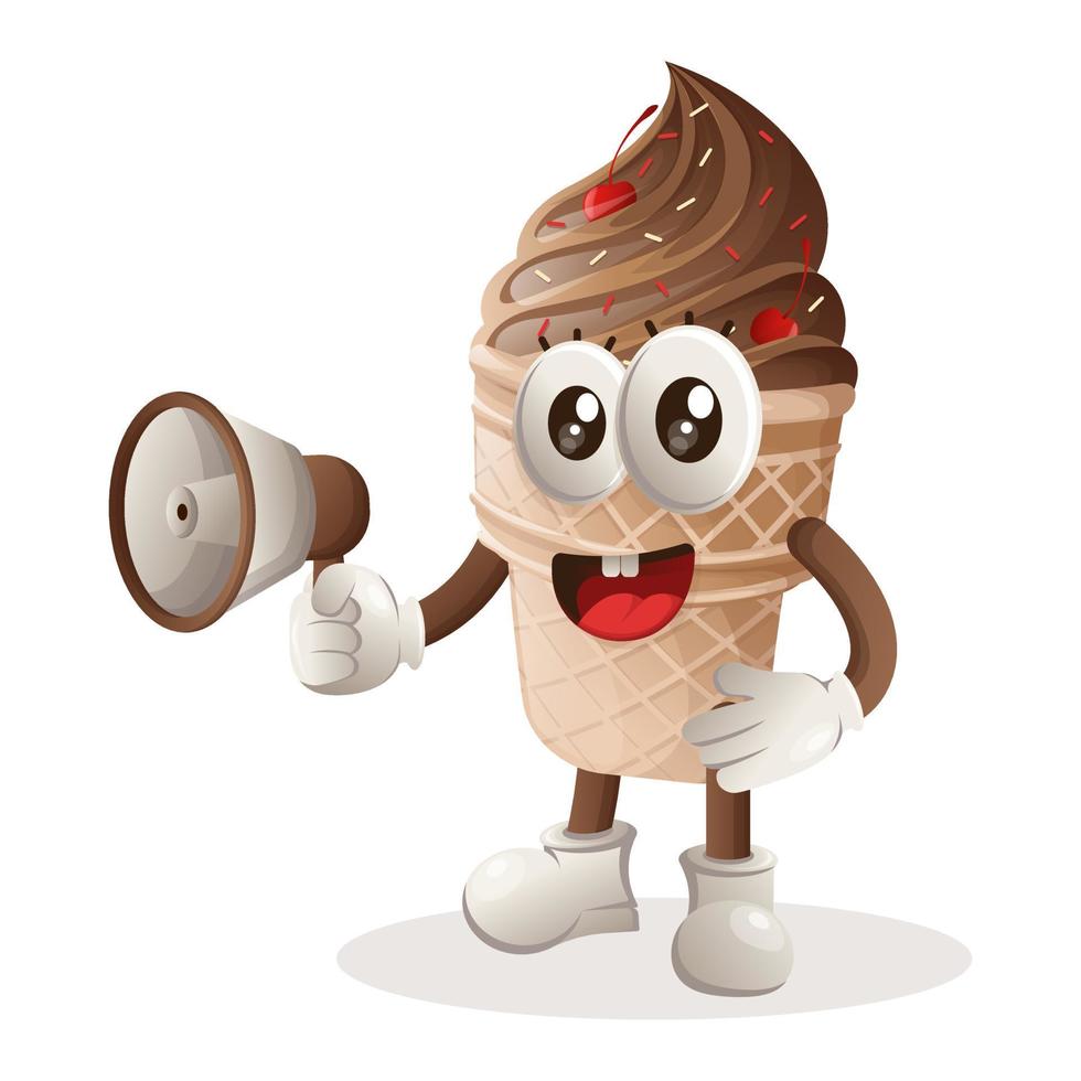 jolie mascotte de crème glacée tenant un mégaphone vecteur