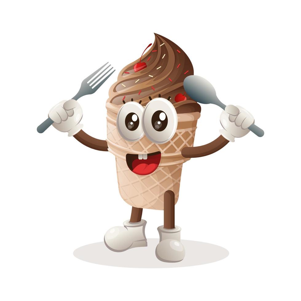 jolie mascotte de crème glacée tenant une cuillère et une fourchette vecteur