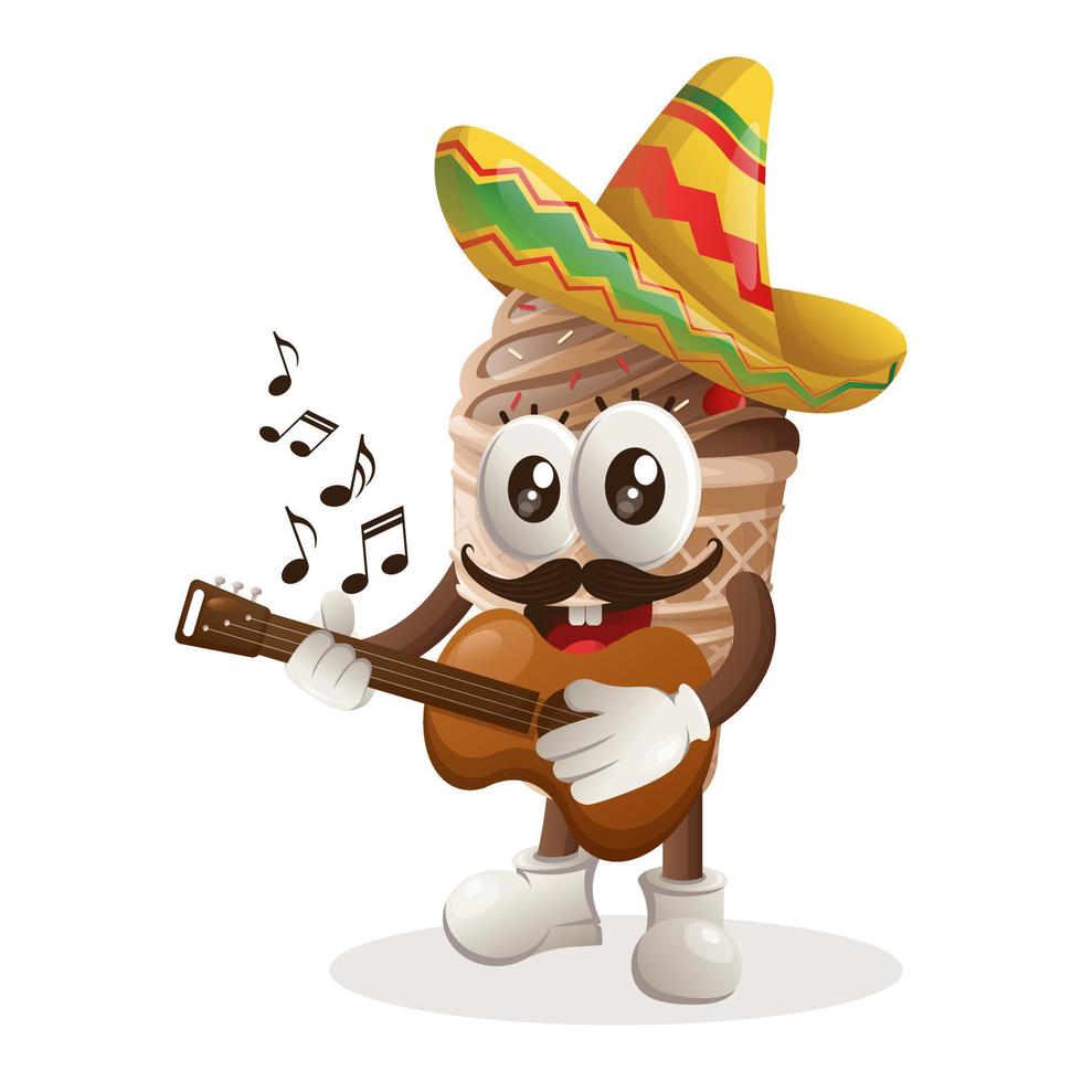 jolie mascotte de crème glacée portant un chapeau mexicain et jouant de la guitare vecteur