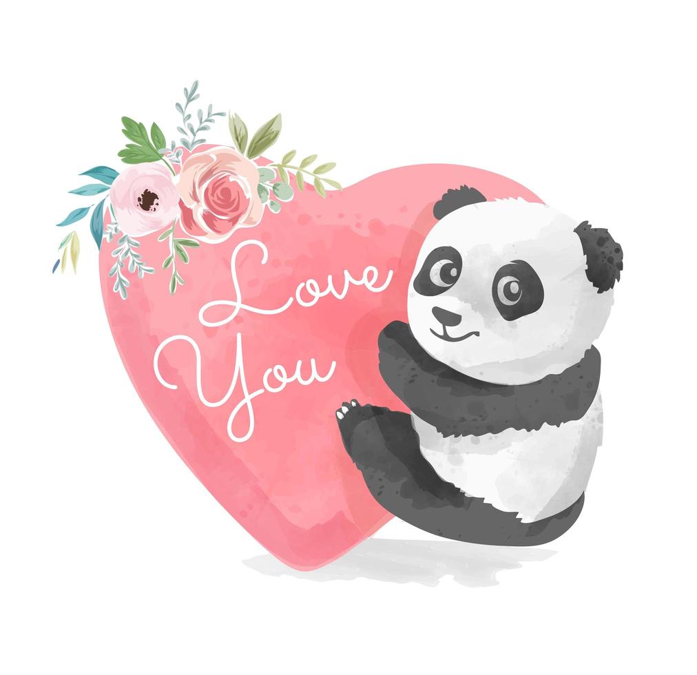 slogan d'amour avec panda mignon et fleur vecteur