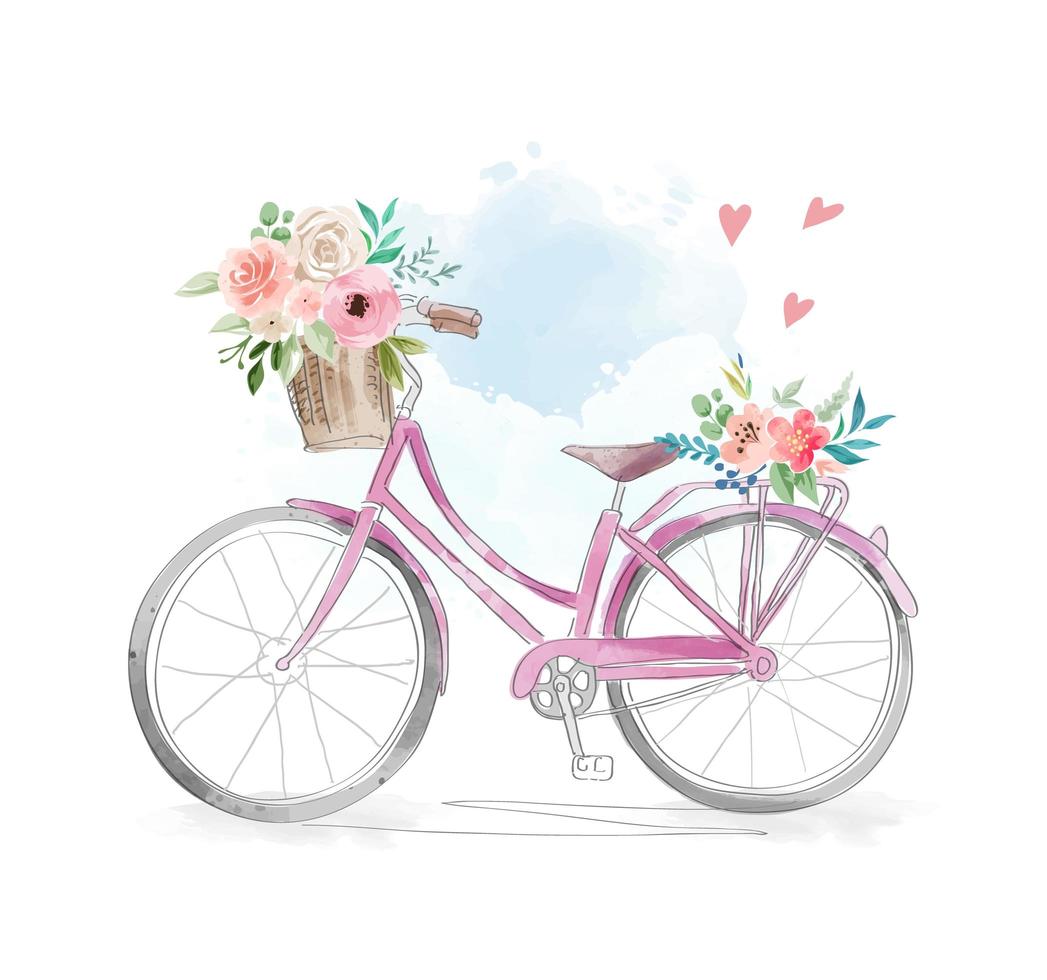vélo aquarelle avec des fleurs dans le panier vecteur