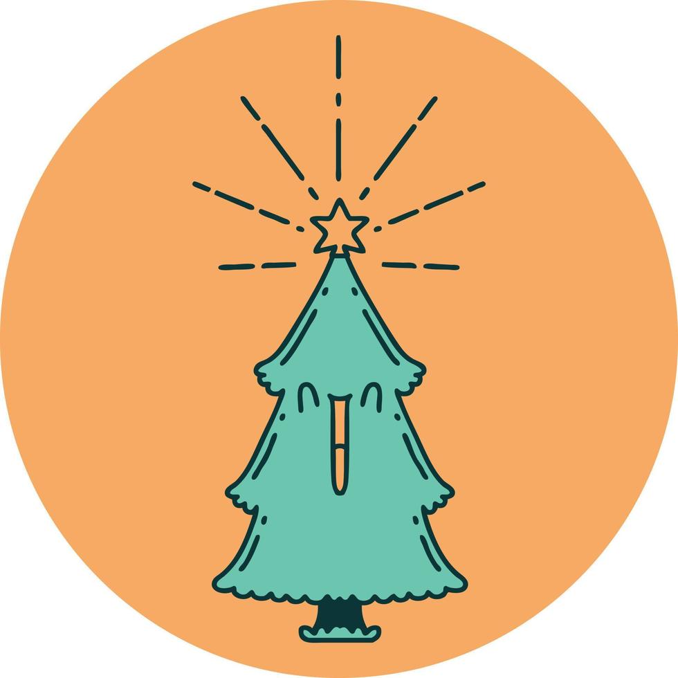 icône de l'arbre de noël de style tatouage avec étoile vecteur