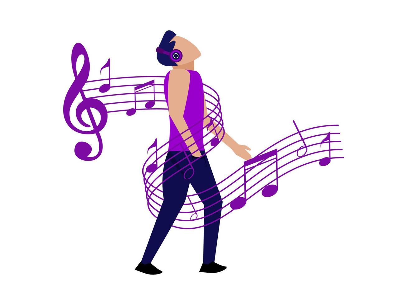 un homme marche en écoutant de la musique. illustration graphique de musique design plat. personnes écoutant de la musique vecteur