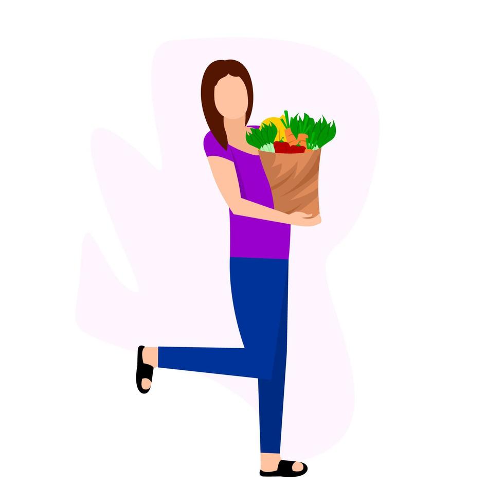 femme tenant un sac de légumes joyeusement. illustration graphique d'une femme portant des légumes vecteur