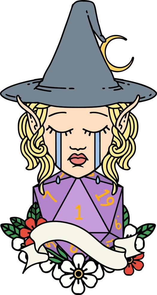 visage de personnage mage elfe qui pleure avec une illustration de rouleau d20 naturel vecteur