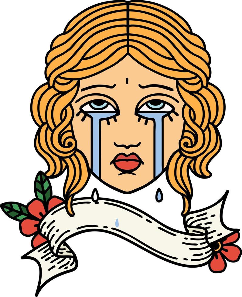 tatouage avec bannière de visage féminin pleurant vecteur