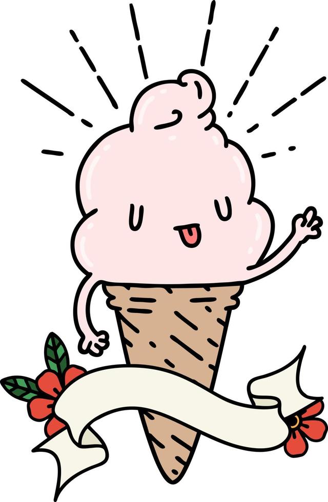 bannière avec personnage de crème glacée de style tatouage agitant vecteur