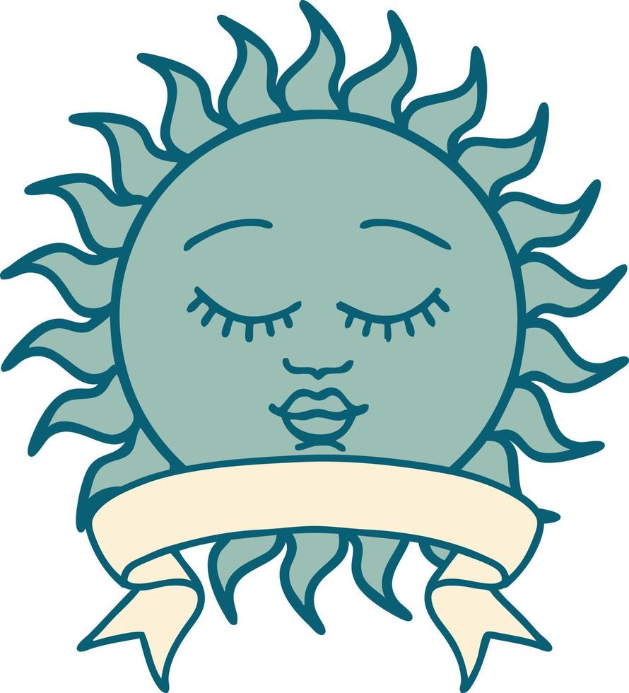 tatouage avec bannière d'un soleil avec visage vecteur