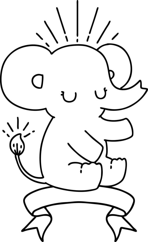 bannière avec éléphant mignon de style tatouage de travail de ligne noire vecteur